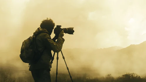 Silhouetted photographer operates tripod-mounted camera in fog