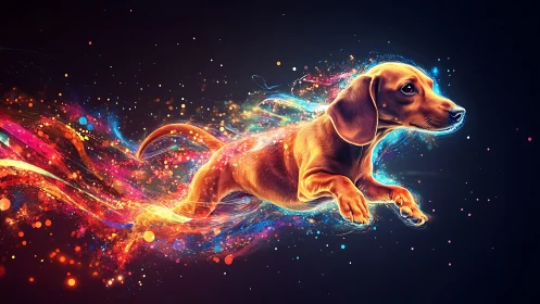 Playful dachshund dashes through a trail of neon stardust.