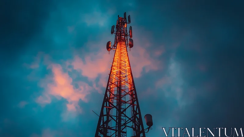 Cell tower glows against dramatic teal and coral twilight sky.