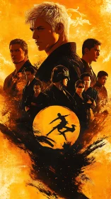 Martial artists framed in orange and black stylized composition