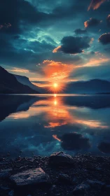 Sunset over calm mountain lake with mirrored reflection.