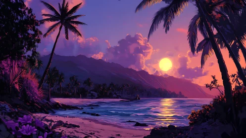 Digital twilight seascape with silhouetted tropical palms.