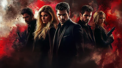 Stylized vigilante team stands against crimson storm backdrop.