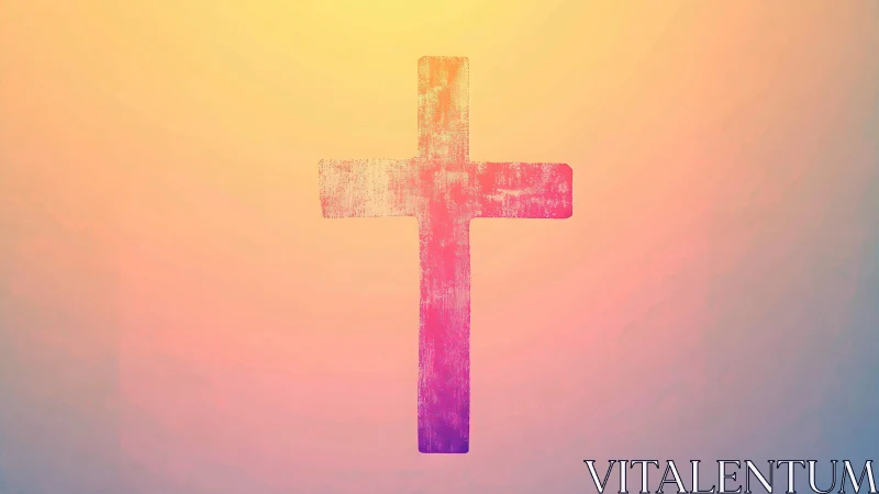Textured magenta cross centered on pastel gradient field.