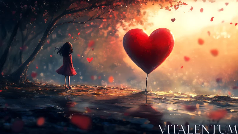 Girl Gazing at Luminous Heart in Golden Realm.