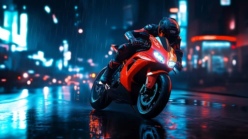 Sport motorcycle leans through neon city street rain
