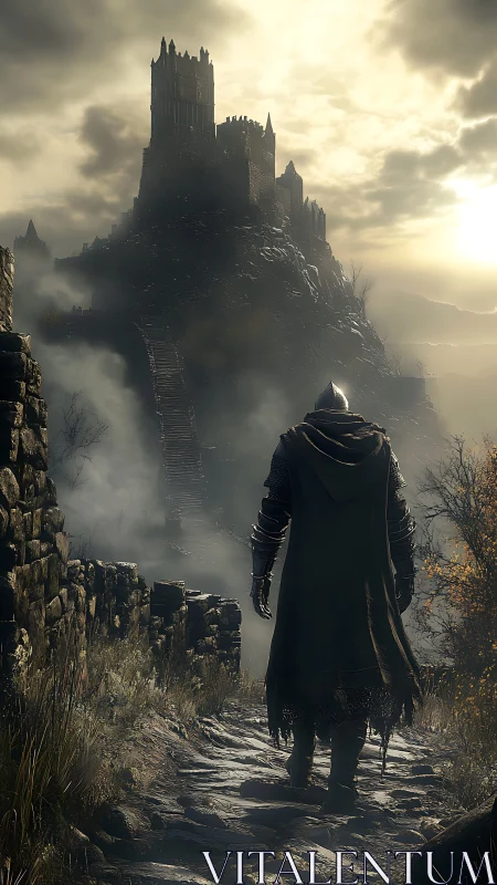 Lone traveler climbs toward a misty, brooding cliff castle.