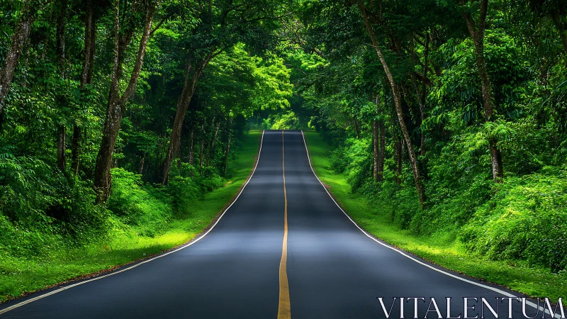 Symmetrical Asphalt Road Vanishing Through Lush Green Forest Canopy