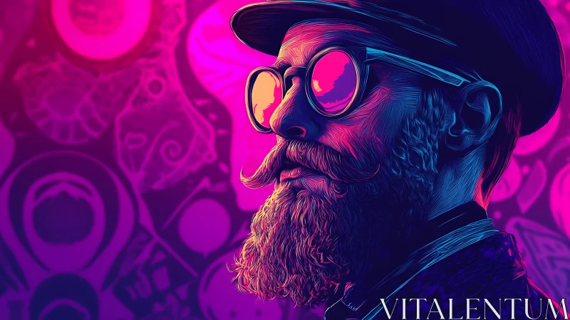 Neon-lit bearded portrait renders stylized cyber-psychedelic profile