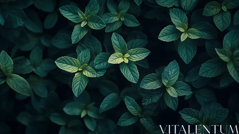 Top-down macro of mint leaves with cool cinematic lighting