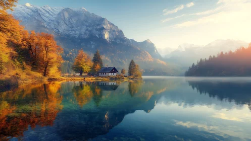 Autumn lake cabin beneath snowcapped mountain reflections.