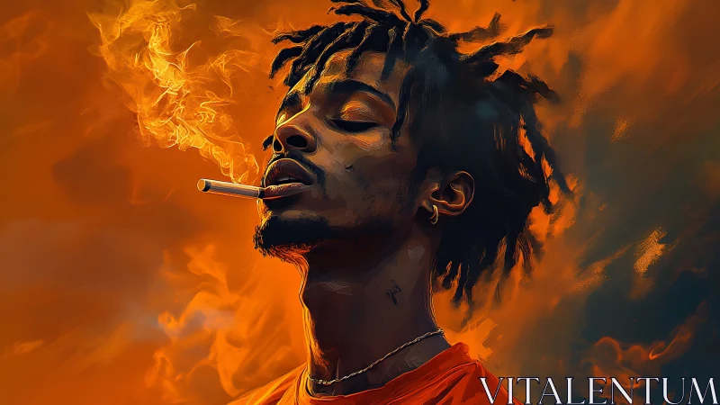 Man with cigarette exhales smoke against fiery orange sky