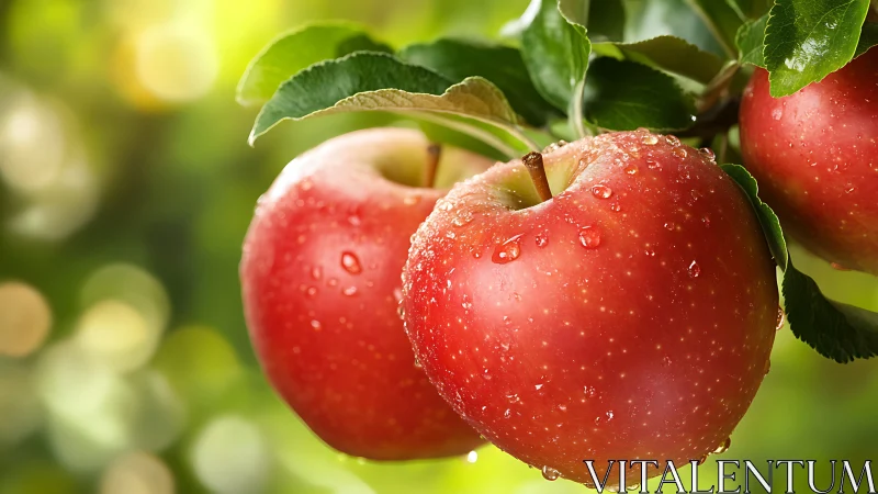 Macro close-up of dew-covered ripe red apples on tree branch