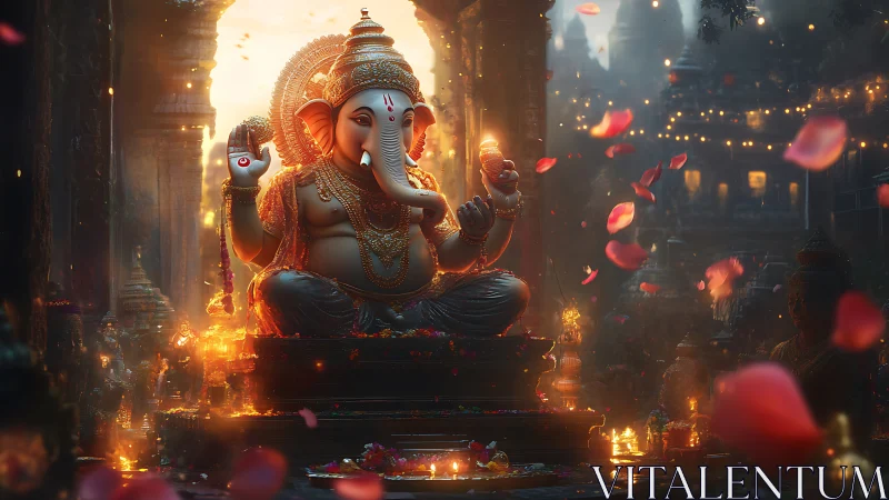 Divine Ganesha statue amid glowing temple lanterns.