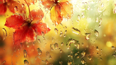 Rain‑kissed autumn leaves glowing in soft golden light.