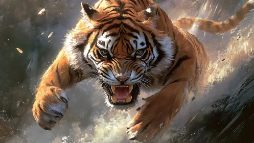 Charging tiger bursts through splashing water with fierce focus