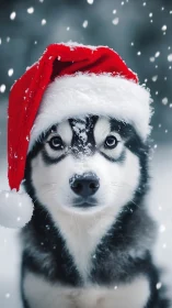 Siberian husky wearing red Santa hat in falling snow.
