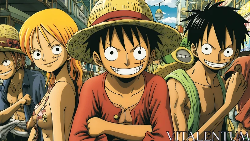 Anime adventurers stride through a bustling sunlit harbor street