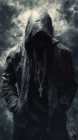 Hooded figure in dark leather jacket against smoky backdrop.