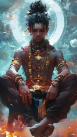 Celestial warrior monk in blazing meditative trance.