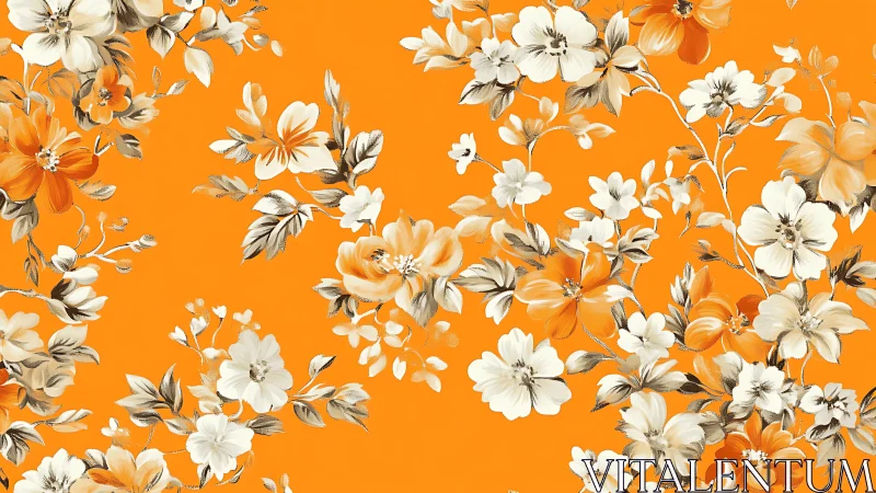 Floral pattern with orange and ivory blossoms on vivid ground.