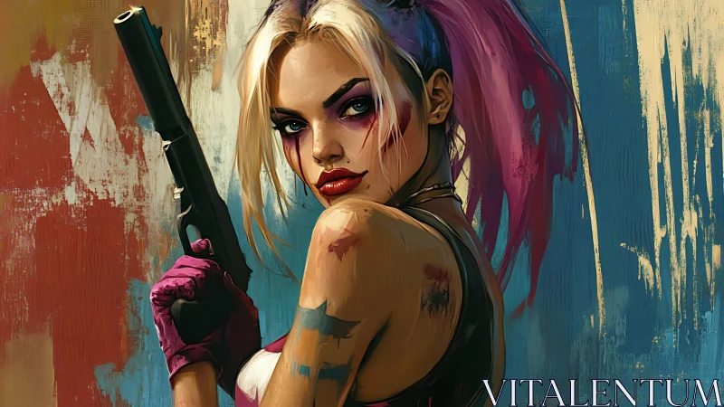 Digital painting portrait of armed punk antiheroine profile.