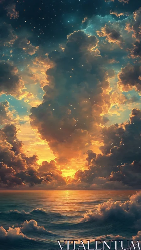 Sunset storm clouds rise over luminous turquoise ocean