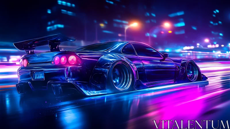 Neon street racer cuts through futuristic city at speed