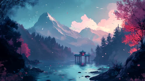 Twilight mountain lake with quiet lantern-lit pavilion.