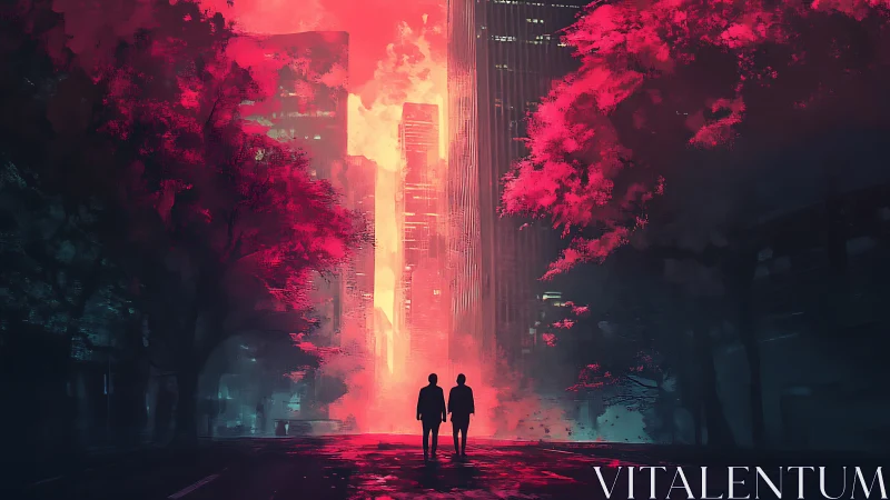 Silhouetted figures on city street under red illuminated trees.