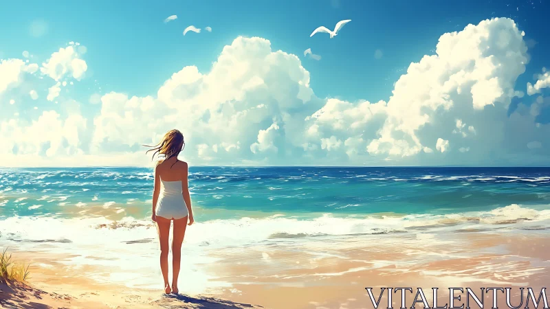 Backlit woman studies luminous ocean horizon under towering clouds