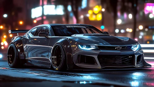 Widebody Camaro street racer in neon lit wet urban nightscape