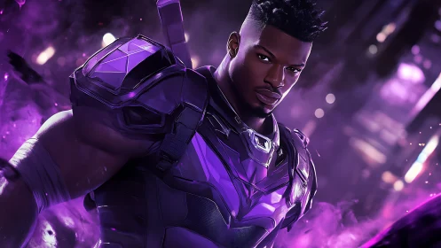 Armored futuristic warrior in vivid purple energy field.