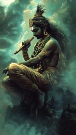 Krishna-like figure sits on rocky ledge playing wooden flute