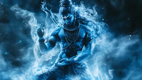 Blue cosmic dancer carves stillness from swirling smoke