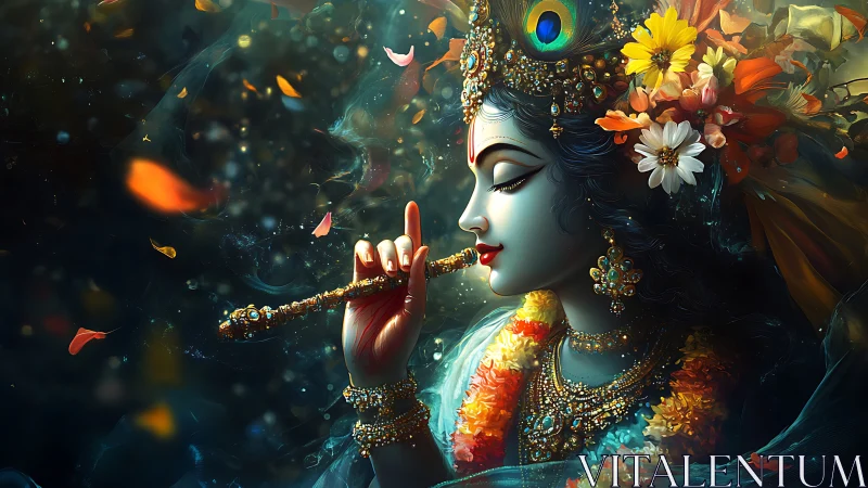Divine blue-skinned flutist with jeweled crown and flowers