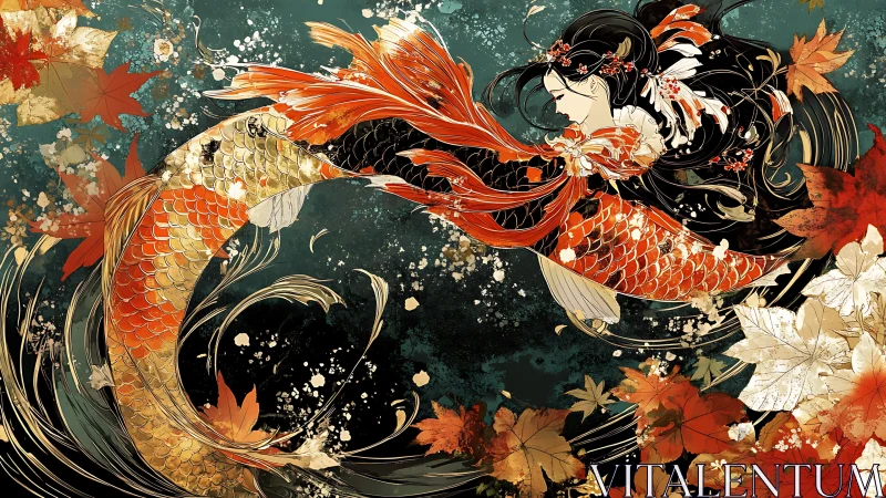 Autumn-tossed koi maiden carves golden arcs through twilight waters