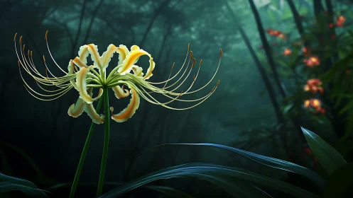 Spider lily glows softly amid misty forest understory