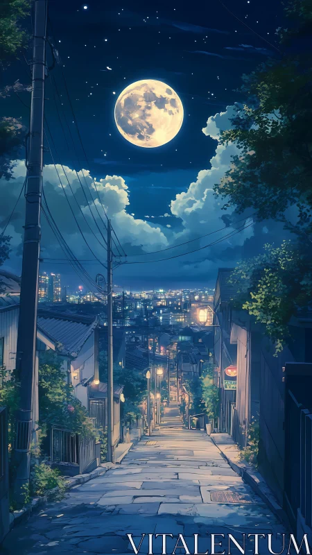 Moonlit hilltop alley dreaming above a glittering cityscape.