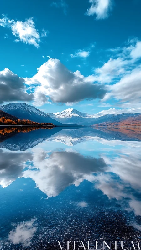 Snowcapped mountains mirrored in calm alpine lake surface.