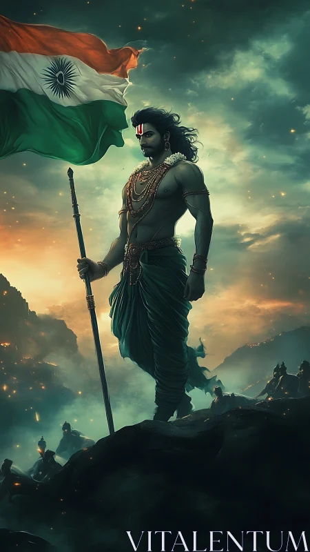 Mythic warrior stands tall beneath glowing Indian flag.
