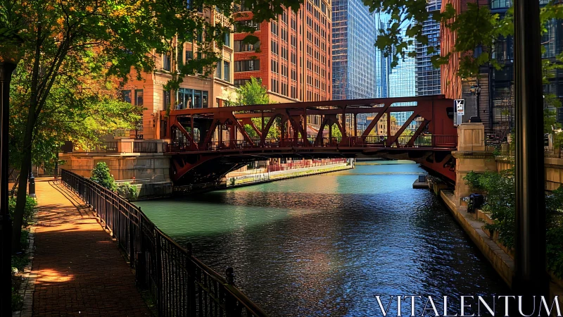 Sunlit city riverwalk welcomes a quiet moment by the bridge