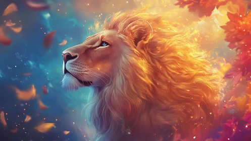 Profile view of digital lion illustration with warm mane.