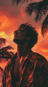 Silhouetted man in sunset light beneath palm fronds