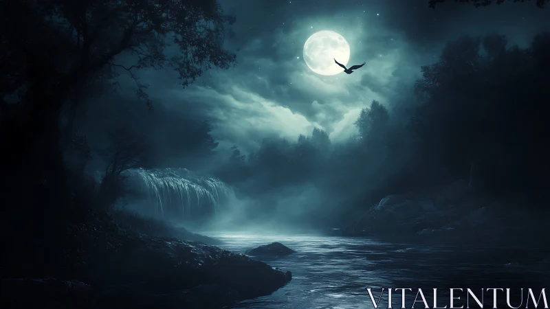 Moonlit river dream with soft mist and soaring silence.