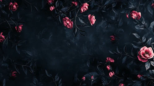Nocturnal Floral Composition with Coral Roses Against Obsidian Foliage.