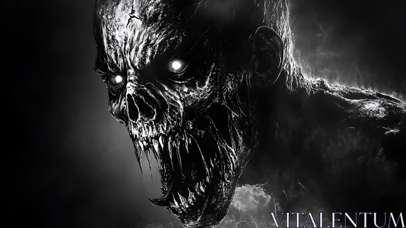 Undead skull creature roars in stark monochrome closeup view