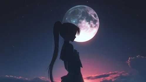 Silhouetted anime girl stands before large moon at dusk