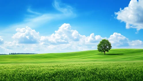 Single green tree stands on rolling grassy hill under sky