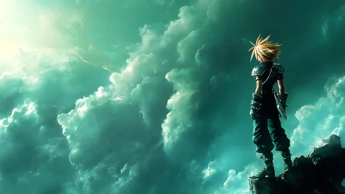 Spiky haired warrior overlooking luminous storm cloud horizon